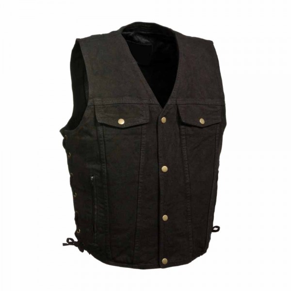 Leather Men's Black Side Lace Denim Vest With Ches...