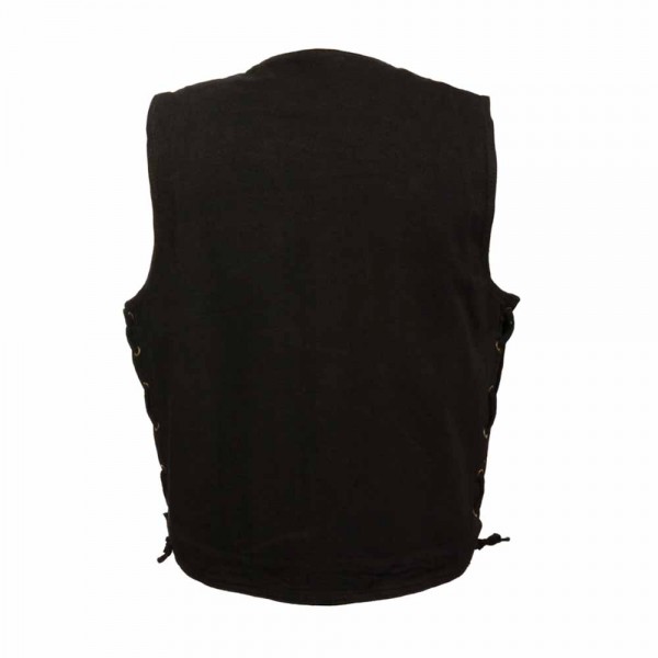 Leather Men's Black Side Lace Denim Vest With Chest Pockets