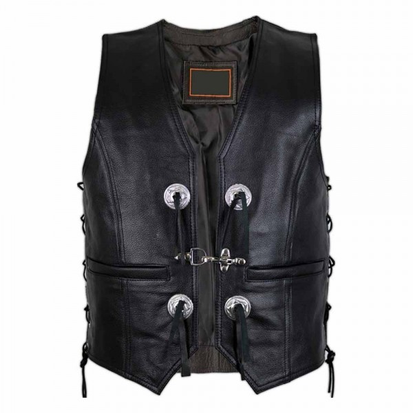 Conchos Chopper Leather Vest In Black